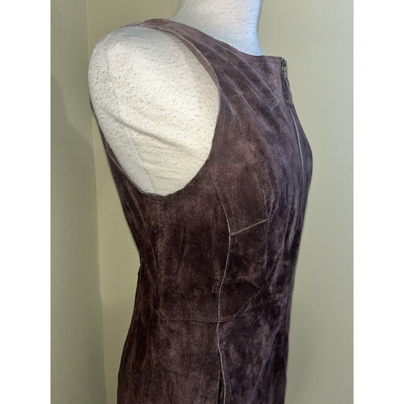 Isaac Mizrahi Suede Leather Jumper Dress Pockets Brown Size 12 Side & Front Zip - Picture 3 of 11